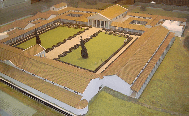 Roman gardens: model of Fishbourne Palace, West Sussex, UK